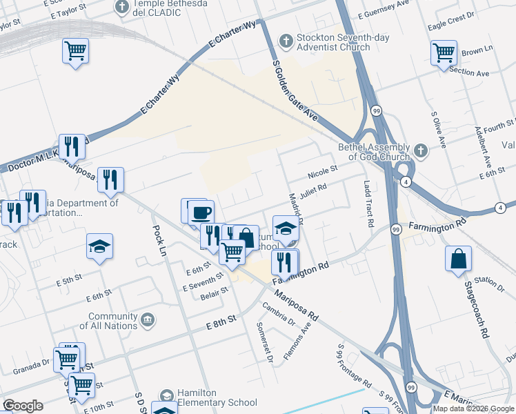 map of restaurants, bars, coffee shops, grocery stores, and more near 2826 Olson Street in Stockton