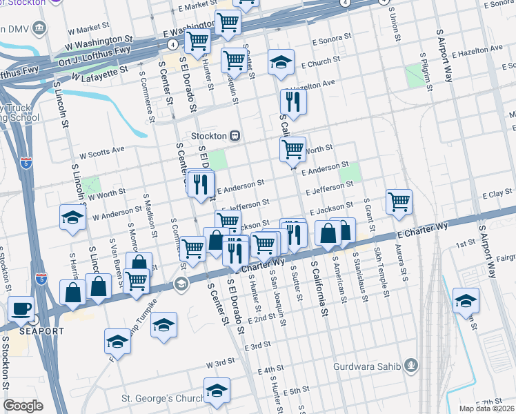 map of restaurants, bars, coffee shops, grocery stores, and more near 1040 South San Joaquin Street in Stockton