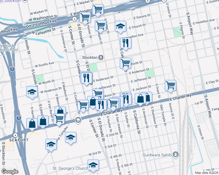 map of restaurants, bars, coffee shops, grocery stores, and more near 1040 South San Joaquin Street in Stockton