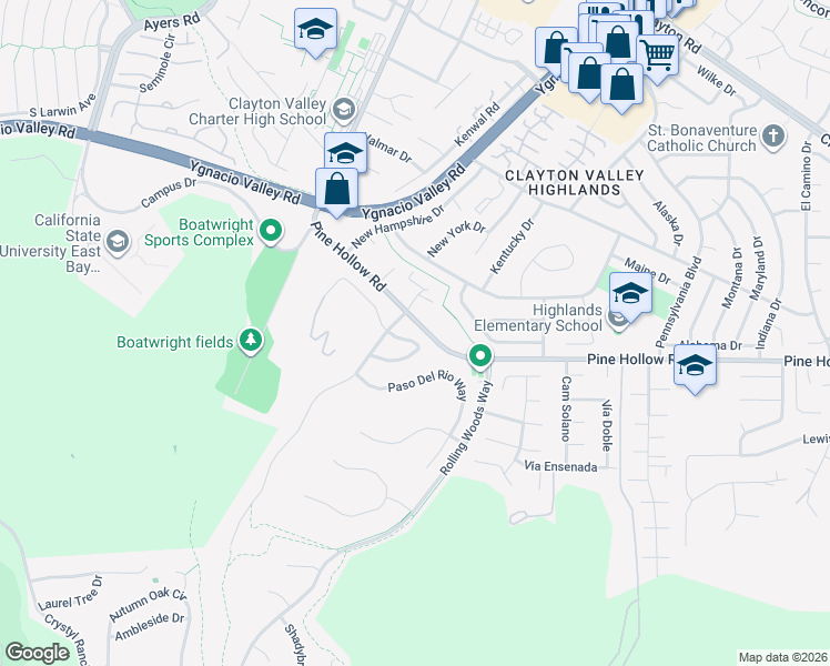 map of restaurants, bars, coffee shops, grocery stores, and more near 5323 Pine Hollow Road in Concord