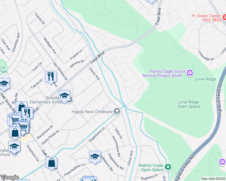 map of restaurants, bars, coffee shops, grocery stores, and more near 726 Ygnacio Woods Court in Concord