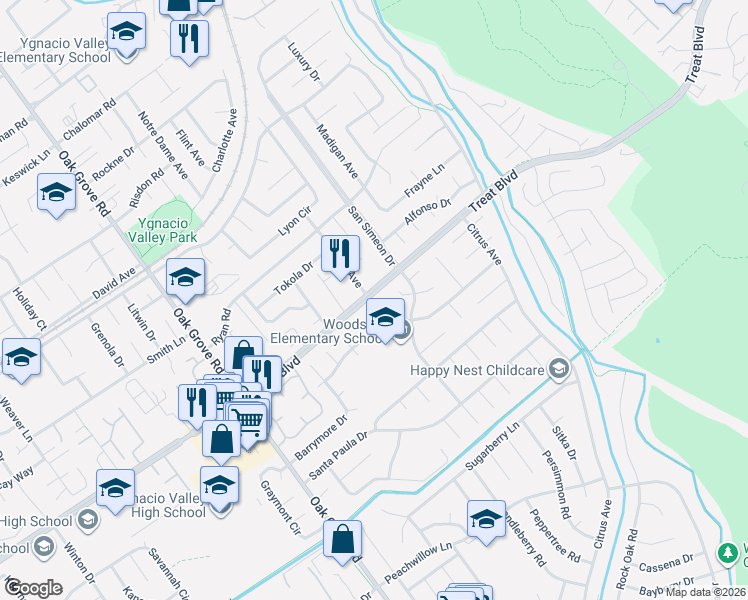map of restaurants, bars, coffee shops, grocery stores, and more near 3235 Trifari Place in Concord
