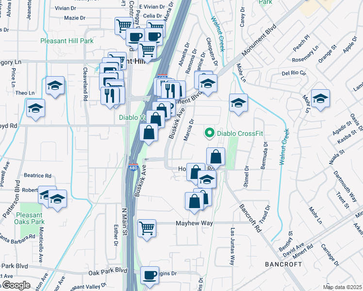 map of restaurants, bars, coffee shops, grocery stores, and more near 151 Loralee Place in Pleasant Hill