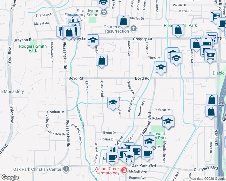map of restaurants, bars, coffee shops, grocery stores, and more near 468 Boyd Road in Pleasant Hill