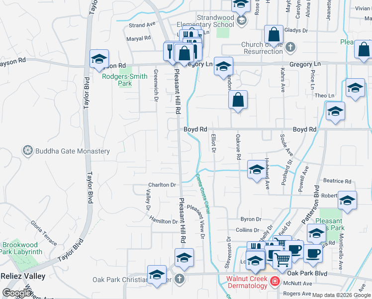 map of restaurants, bars, coffee shops, grocery stores, and more near 40 Molino Court in Pleasant Hill