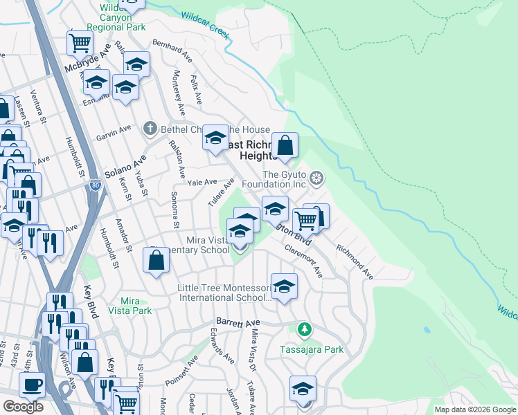 map of restaurants, bars, coffee shops, grocery stores, and more near 6354 Highland Avenue in Richmond