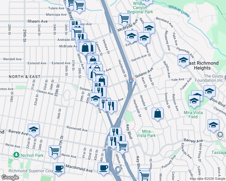 map of restaurants, bars, coffee shops, grocery stores, and more near 5026 Solano Avenue in Richmond