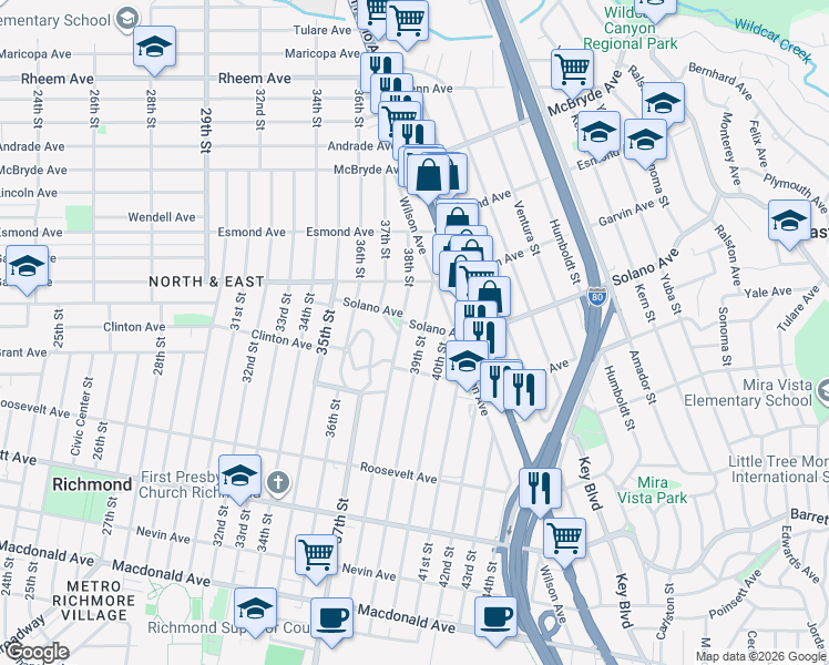 map of restaurants, bars, coffee shops, grocery stores, and more near 3809 Solano Avenue in Richmond