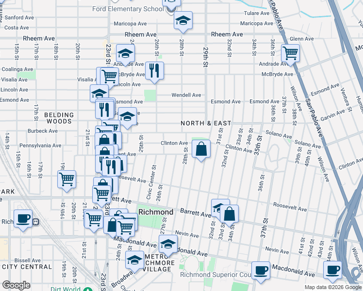 map of restaurants, bars, coffee shops, grocery stores, and more near 2643 Clinton Avenue in Richmond