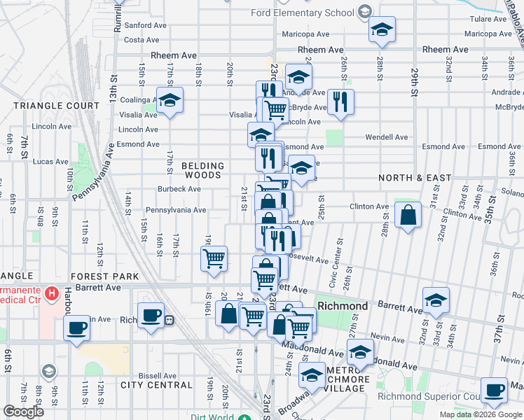 map of restaurants, bars, coffee shops, grocery stores, and more near 727 23rd Street in Richmond