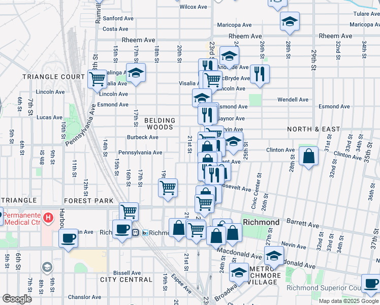 map of restaurants, bars, coffee shops, grocery stores, and more near 718 21st Street in Richmond