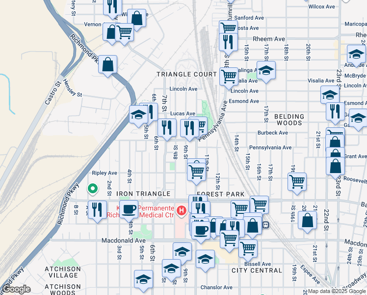 map of restaurants, bars, coffee shops, grocery stores, and more near 830 Pennsylvania Avenue in Richmond