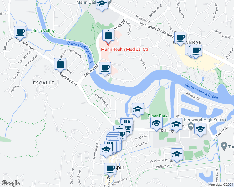 map of restaurants, bars, coffee shops, grocery stores, and more near 505 Larkspur Plaza Drive in Larkspur