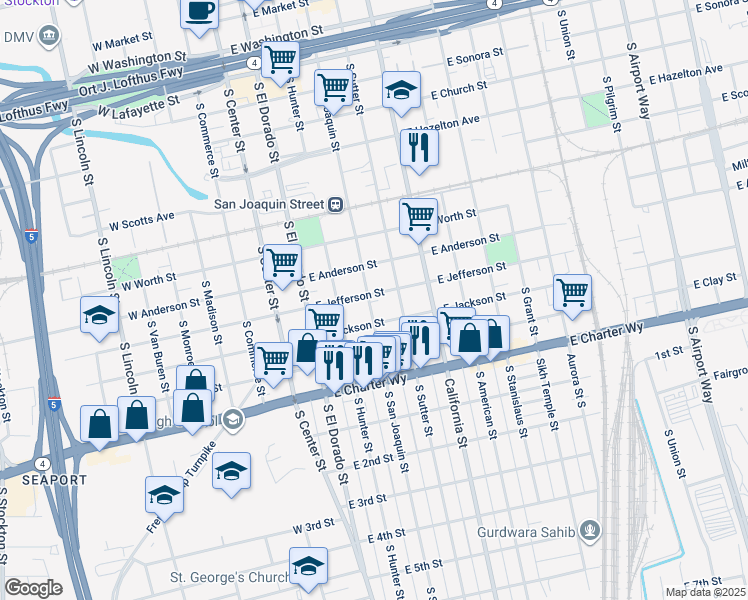 map of restaurants, bars, coffee shops, grocery stores, and more near 1106 South San Joaquin Street in Stockton