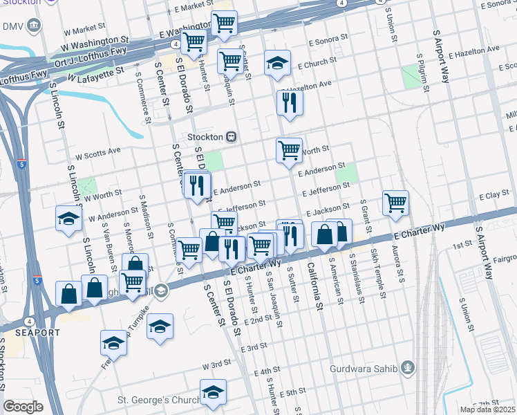 map of restaurants, bars, coffee shops, grocery stores, and more near 1104 South San Joaquin Street in Stockton