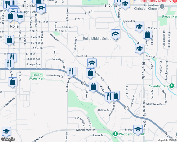 map of restaurants, bars, coffee shops, grocery stores, and more near 673 Salem Avenue in Rolla
