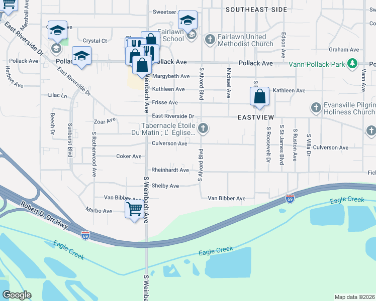 map of restaurants, bars, coffee shops, grocery stores, and more near 2121 Culverson Avenue in Evansville