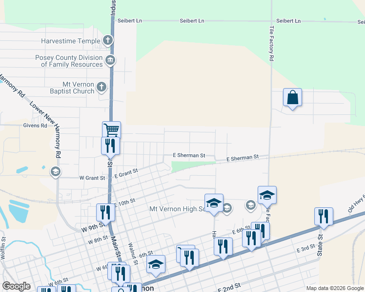 map of restaurants, bars, coffee shops, grocery stores, and more near 709 East Lincoln Avenue in Mount Vernon