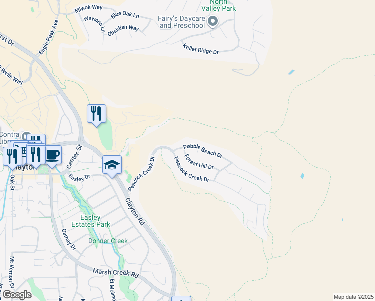 map of restaurants, bars, coffee shops, grocery stores, and more near 101 Forest Hill Drive in Clayton