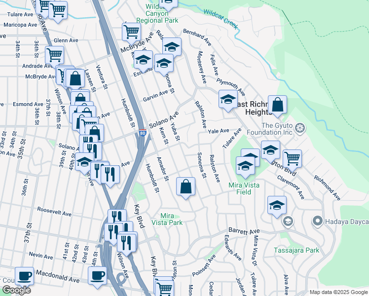 map of restaurants, bars, coffee shops, grocery stores, and more near 692 Yuba Street in Richmond