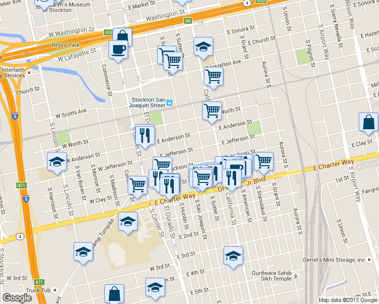 map of restaurants, bars, coffee shops, grocery stores, and more near 1102 South San Joaquin Street in Stockton