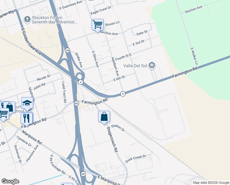 map of restaurants, bars, coffee shops, grocery stores, and more near 2040 South Olive Avenue in Stockton
