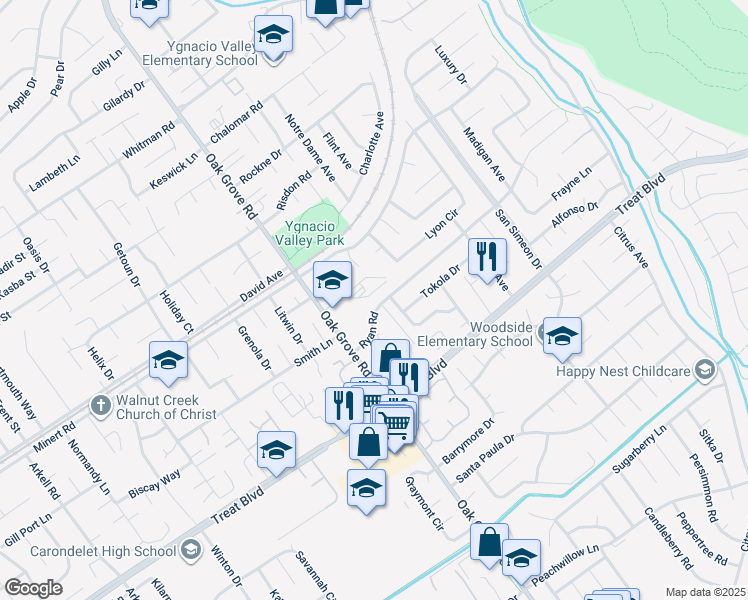 map of restaurants, bars, coffee shops, grocery stores, and more near 2603 Ryan Road in Concord