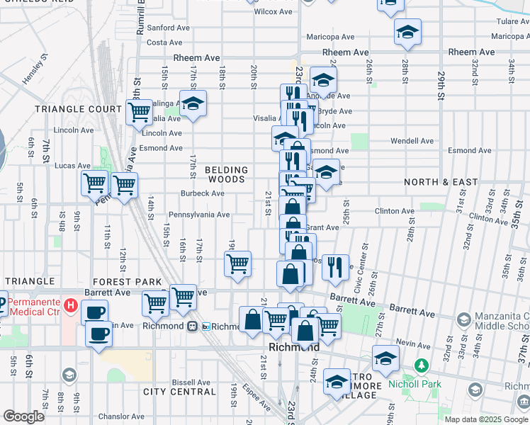 map of restaurants, bars, coffee shops, grocery stores, and more near 718 21st Street in Richmond