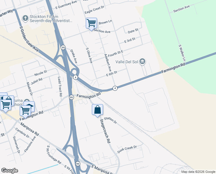 map of restaurants, bars, coffee shops, grocery stores, and more near 2040 South Olive Avenue in Stockton