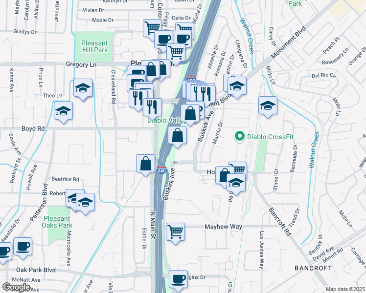 map of restaurants, bars, coffee shops, grocery stores, and more near 2314 Monument Boulevard in Pleasant Hill
