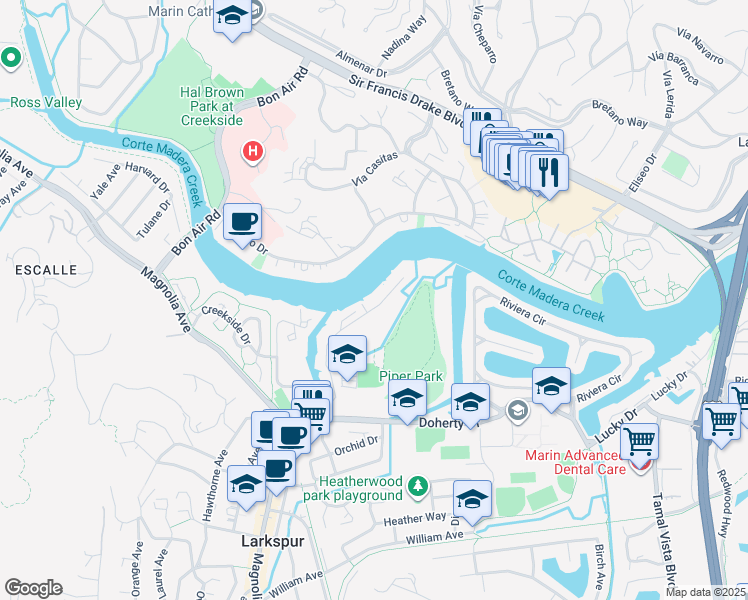 map of restaurants, bars, coffee shops, grocery stores, and more near 31 Boardwalk One in Larkspur