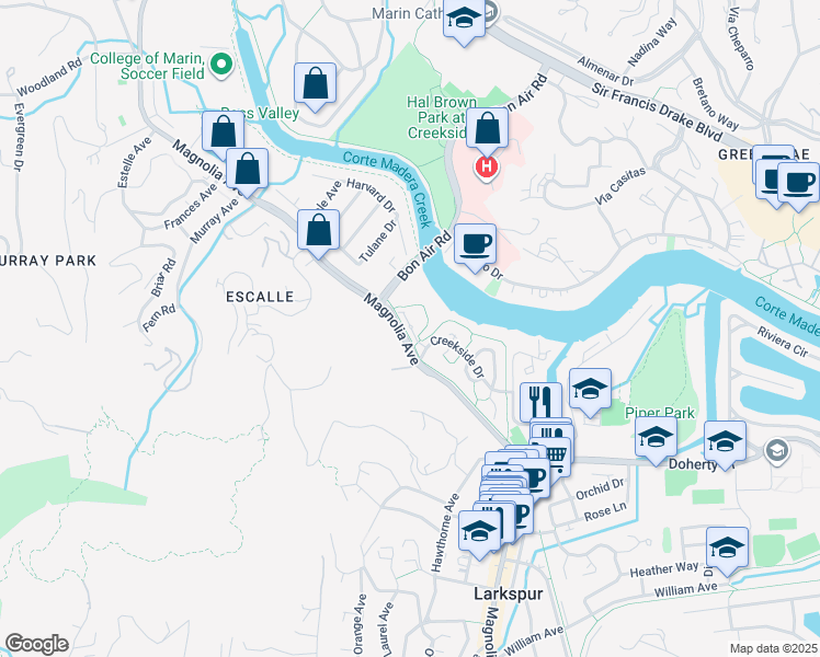 map of restaurants, bars, coffee shops, grocery stores, and more near 25 Edgewater Place in Larkspur