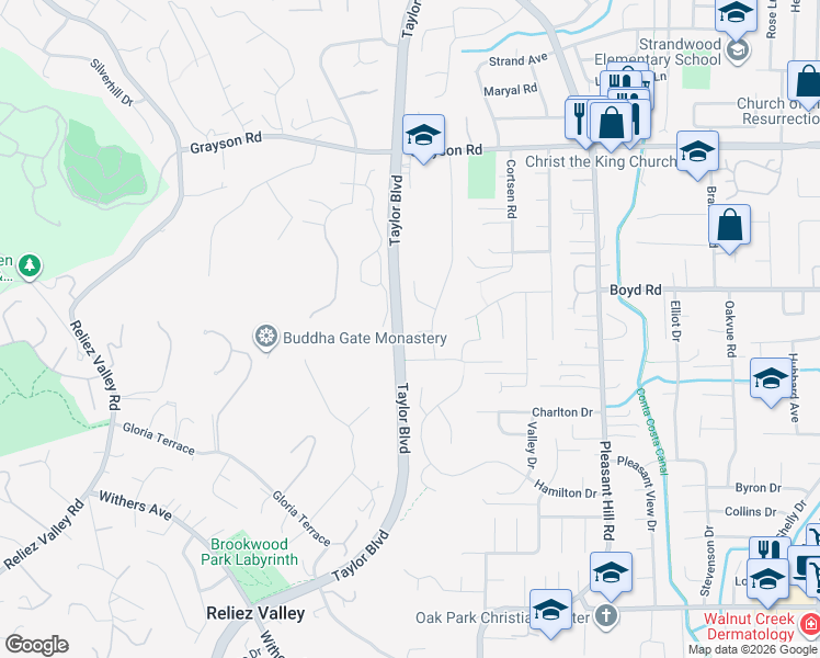 map of restaurants, bars, coffee shops, grocery stores, and more near 14 Bristol Court in Pleasant Hill