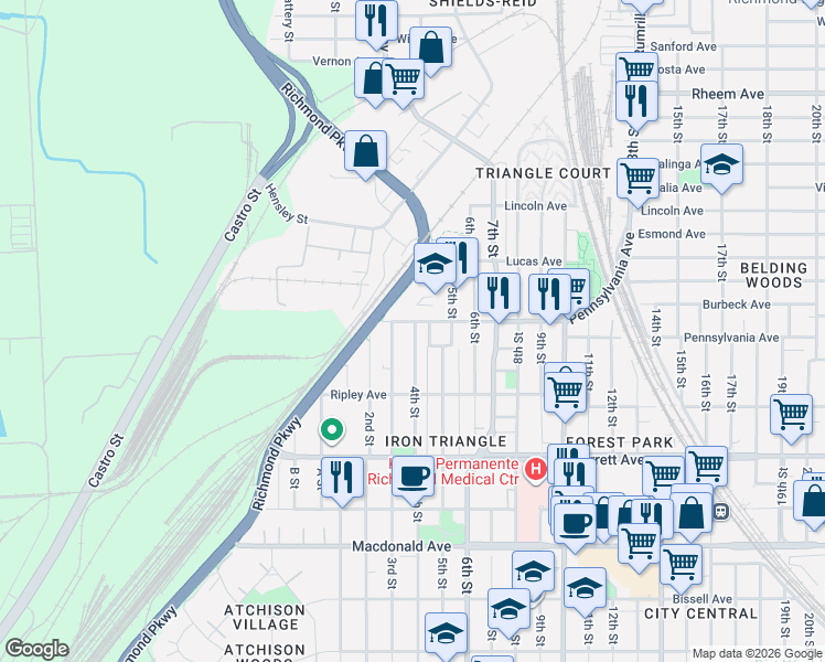 map of restaurants, bars, coffee shops, grocery stores, and more near 412 Pennsylvania Avenue in Richmond