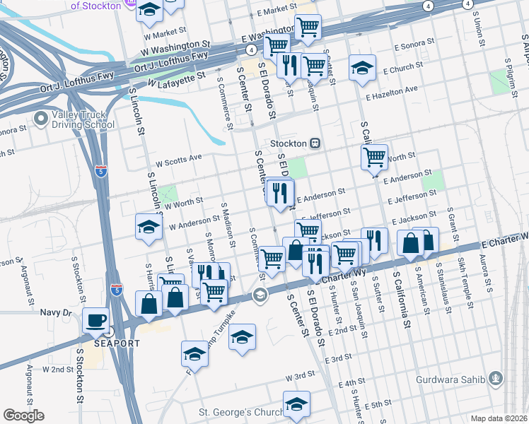 map of restaurants, bars, coffee shops, grocery stores, and more near 12 West Anderson Street in Stockton