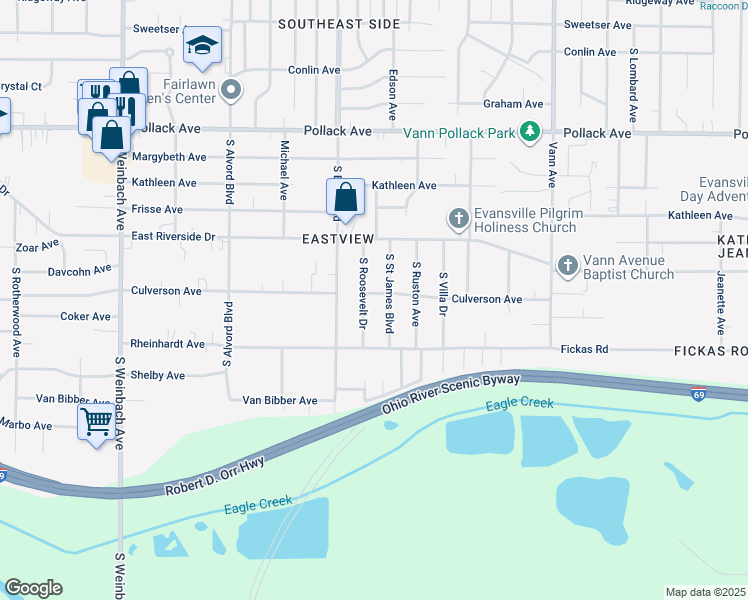 map of restaurants, bars, coffee shops, grocery stores, and more near 2457 Culverson Ave in Evansville