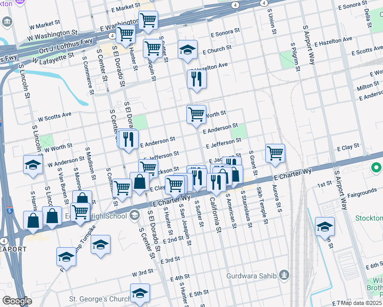 map of restaurants, bars, coffee shops, grocery stores, and more near 416 East Jefferson Street in Stockton