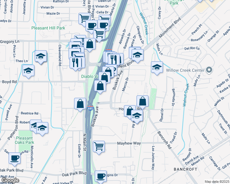 map of restaurants, bars, coffee shops, grocery stores, and more near 2442 Geraldine Drive in Pleasant Hill