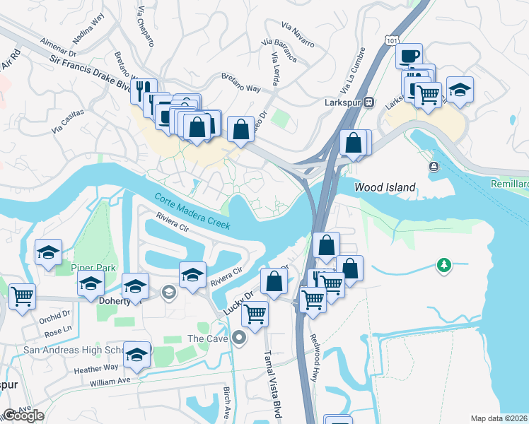 map of restaurants, bars, coffee shops, grocery stores, and more near 300 Drakes Landing Road in Larkspur