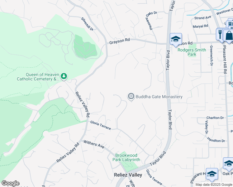 map of restaurants, bars, coffee shops, grocery stores, and more near 156 Haslemere Court in Lafayette