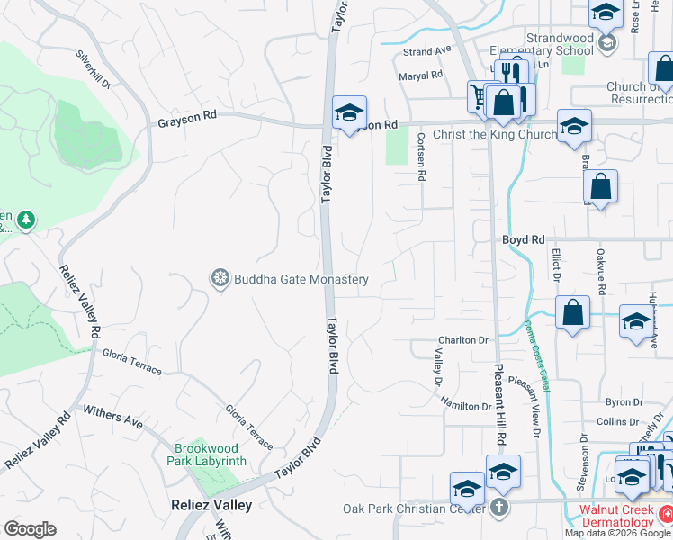 map of restaurants, bars, coffee shops, grocery stores, and more near 14 Bristol Court in Pleasant Hill