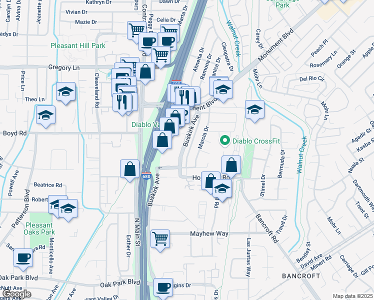 map of restaurants, bars, coffee shops, grocery stores, and more near 2442 Geraldine Drive in Pleasant Hill