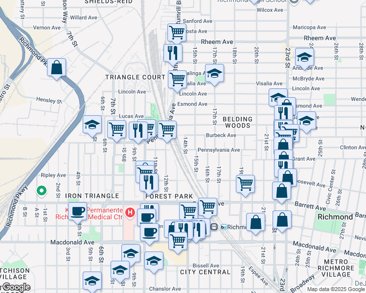 map of restaurants, bars, coffee shops, grocery stores, and more near 707 14th Street in Richmond