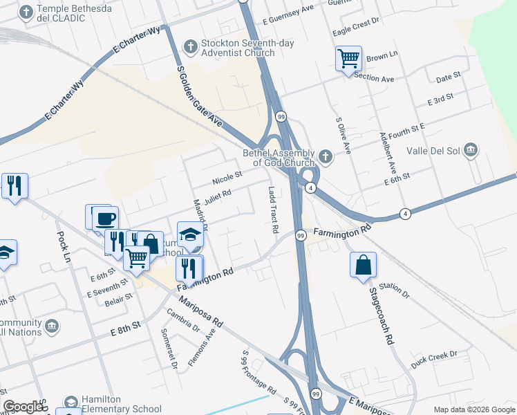 map of restaurants, bars, coffee shops, grocery stores, and more near 1956 Tarragona Way in Stockton