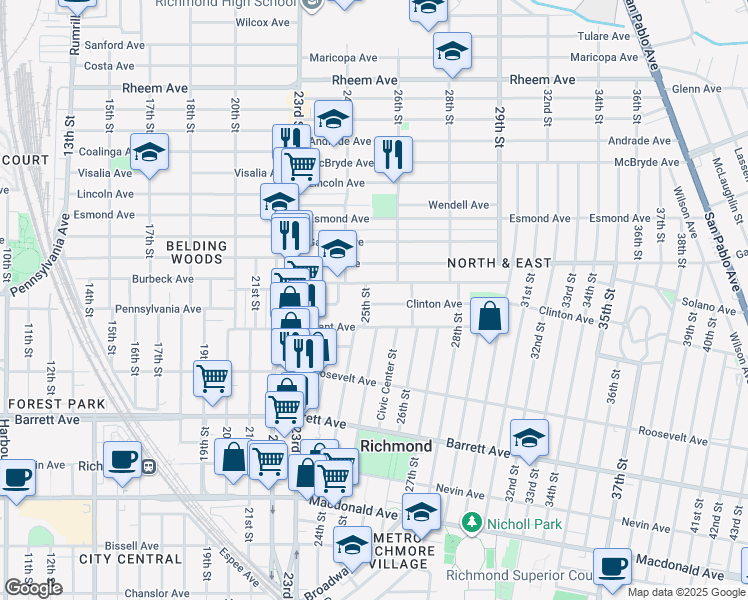 map of restaurants, bars, coffee shops, grocery stores, and more near 700 25th Street in Richmond