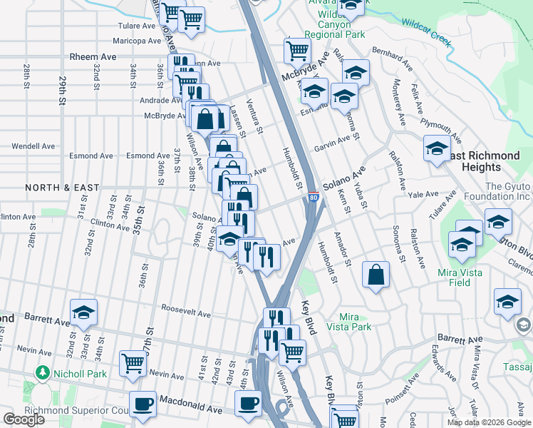map of restaurants, bars, coffee shops, grocery stores, and more near 5026 Solano Avenue in Richmond