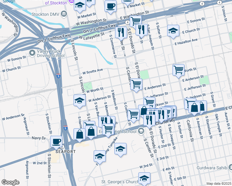 map of restaurants, bars, coffee shops, grocery stores, and more near 945 South Commerce Street in Stockton
