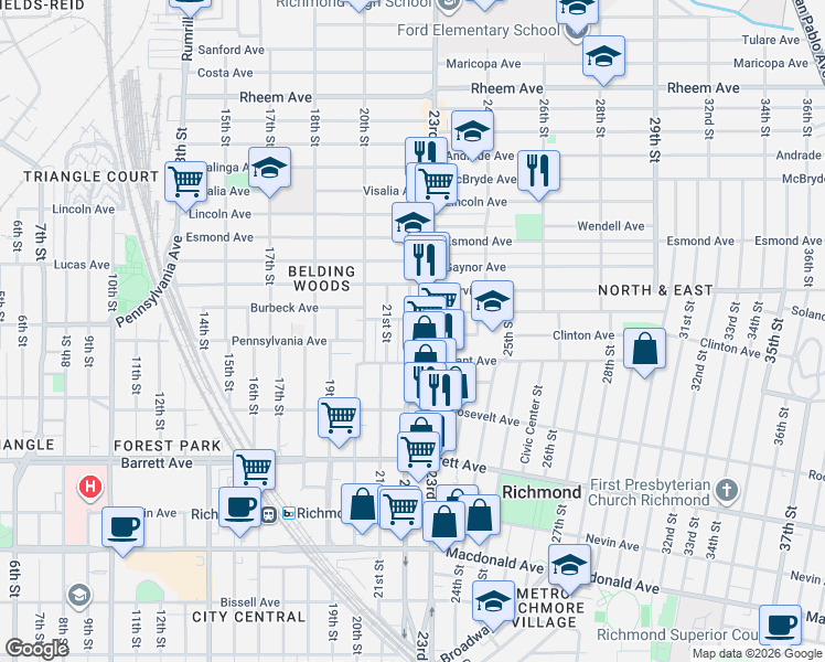 map of restaurants, bars, coffee shops, grocery stores, and more near 718 21st Street in Richmond