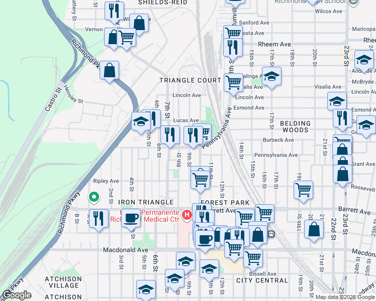 map of restaurants, bars, coffee shops, grocery stores, and more near 830 Pennsylvania Avenue in Richmond