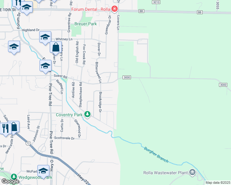 map of restaurants, bars, coffee shops, grocery stores, and more near 1814 Belmont Court in Rolla